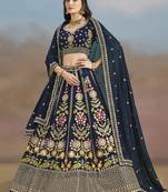 Enchanting Navy Blue Sequins, Zari, Dori and Multi Color Thread Embroidered georgette indian designer wedding lehenga