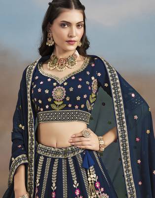 Enchanting Navy Blue Sequins, Zari, Dori and Multi Color Thread Embroidered georgette indian designer wedding lehenga 2