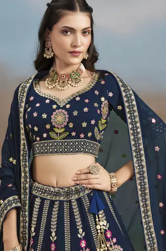 Enchanting Navy Blue Sequins, Zari, Dori and Multi Color Thread Embroidered georgette indian designer wedding lehenga
