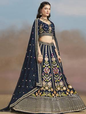 Enchanting Navy Blue Sequins, Zari, Dori and Multi Color Thread Embroidered georgette indian designer wedding lehenga 3