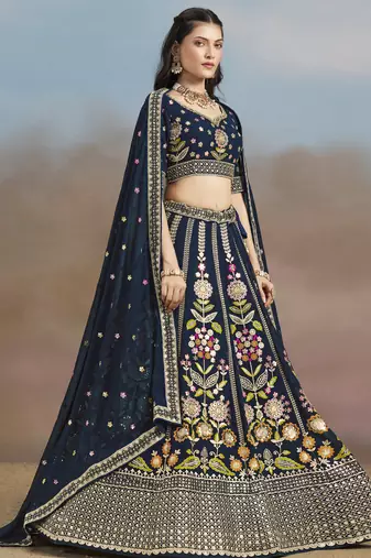 Enchanting Navy Blue Sequins, Zari, Dori and Multi Color Thread Embroidered georgette indian designer wedding lehenga