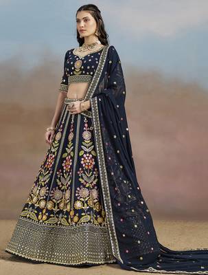 Enchanting Navy Blue Sequins, Zari, Dori and Multi Color Thread Embroidered georgette indian designer wedding lehenga 4