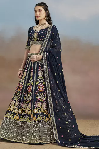 Enchanting Navy Blue Sequins, Zari, Dori and Multi Color Thread Embroidered georgette indian designer wedding lehenga