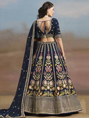 Enchanting Navy Blue Sequins, Zari, Dori and Multi Color Thread Embroidered georgette indian designer wedding lehenga 5