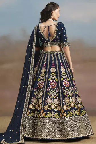 Enchanting Navy Blue Sequins, Zari, Dori and Multi Color Thread Embroidered georgette indian designer wedding lehenga