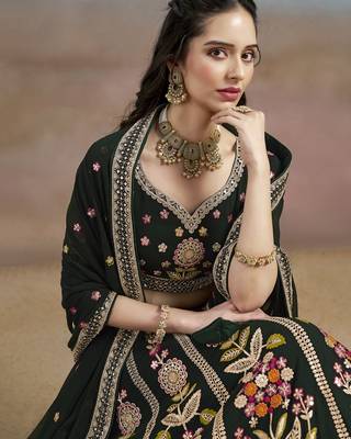 Mesmerizing Green Sequins Zari Dori and Multi Color Thread Embroidered georgette indian wedding designer lehenga dress 3