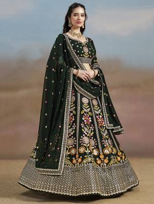 Mesmerizing Green Sequins Zari Dori and Multi Color Thread Embroidered georgette indian wedding designer lehenga dress 4