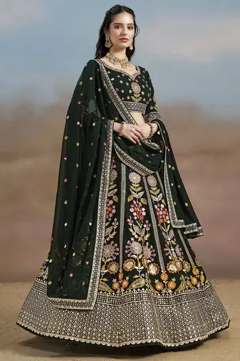 Mesmerizing Green Sequins, Zari, Dori and Multi Color Thread Embroidered georgette indian wedding designer lehenga dress