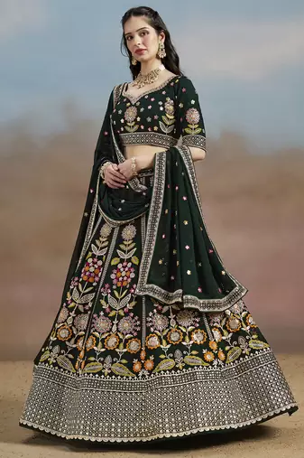 Mesmerizing Green Sequins, Zari, Dori and Multi Color Thread Embroidered georgette indian wedding designer lehenga dress
