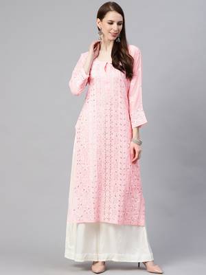 hand embroidered pink georgette lucknowi chikan straight kurta and slip with gota patti work 1