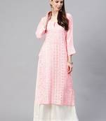 hand embroidered pink georgette lucknowi chikan straight kurta and slip with gota patti work