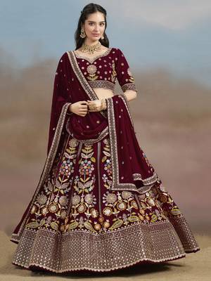 Fabulous maroon Sequins, Zari, Dori and Multi Color Thread Embroidered georgette designer wedding indian lehenga dress 1