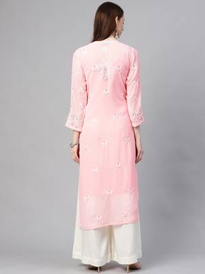 hand embroidered pink georgette lucknowi chikan straight kurta and slip with gota patti work 2