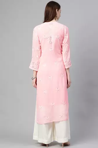 hand embroidered pink georgette lucknowi chikan straight kurta and slip with gota patti work