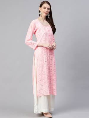 hand embroidered pink georgette lucknowi chikan straight kurta and slip with gota patti work 3