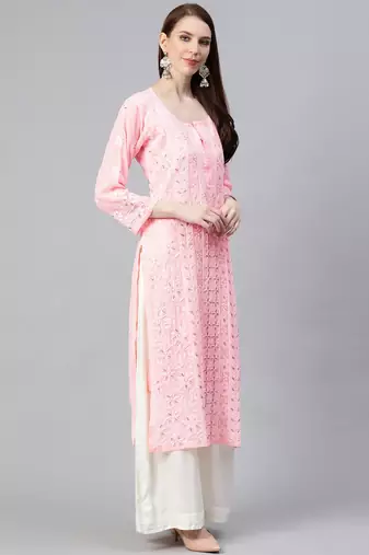 hand embroidered pink georgette lucknowi chikan straight kurta and slip with gota patti work