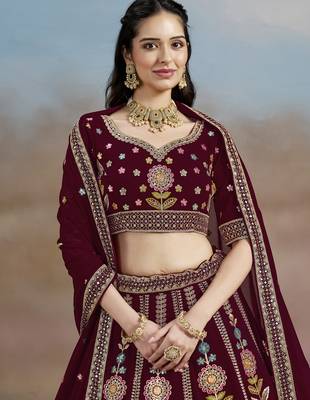 Fabulous maroon Sequins, Zari, Dori and Multi Color Thread Embroidered georgette designer wedding indian lehenga dress 2