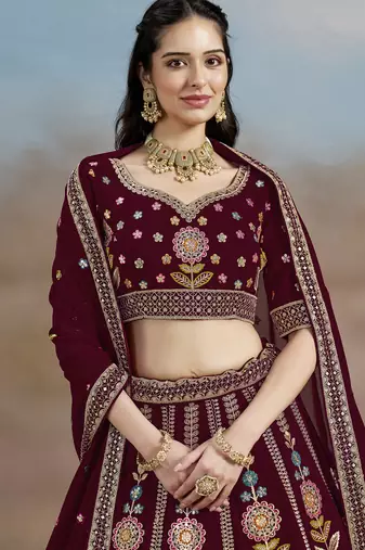 Fabulous maroon Sequins, Zari, Dori and Multi Color Thread Embroidered georgette designer wedding indian lehenga dress
