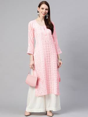 hand embroidered pink georgette lucknowi chikan straight kurta and slip with gota patti work 4