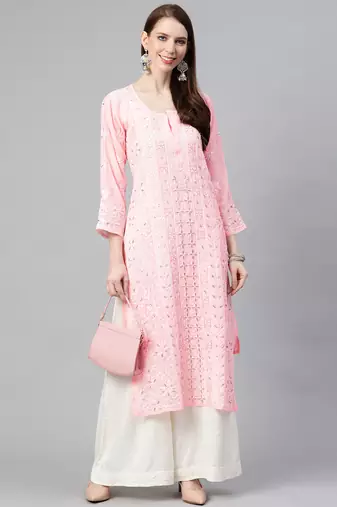 hand embroidered pink georgette lucknowi chikan straight kurta and slip with gota patti work