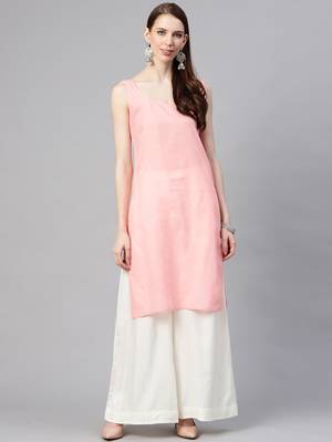 hand embroidered pink georgette lucknowi chikan straight kurta and slip with gota patti work 5