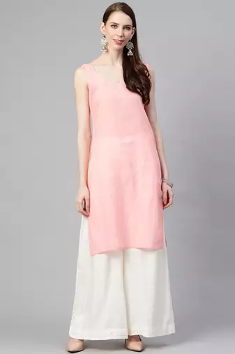 hand embroidered pink georgette lucknowi chikan straight kurta and slip with gota patti work