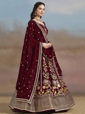 Fabulous maroon Sequins, Zari, Dori and Multi Color Thread Embroidered georgette designer wedding indian lehenga dress 3