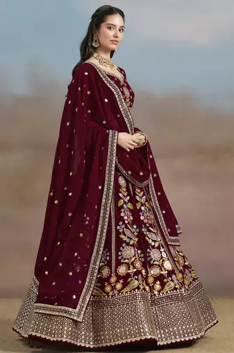 Fabulous maroon Sequins, Zari, Dori and Multi Color Thread Embroidered georgette designer wedding indian lehenga dress