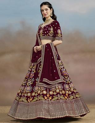 Fabulous maroon Sequins, Zari, Dori and Multi Color Thread Embroidered georgette designer wedding indian lehenga dress 4