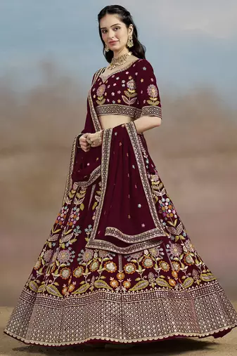 Fabulous maroon Sequins, Zari, Dori and Multi Color Thread Embroidered georgette designer wedding indian lehenga dress