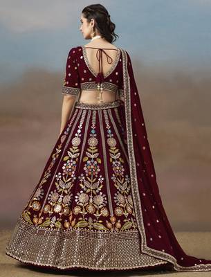 Fabulous maroon Sequins, Zari, Dori and Multi Color Thread Embroidered georgette designer wedding indian lehenga dress 5