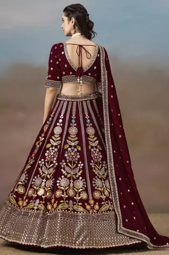 Fabulous maroon Sequins, Zari, Dori and Multi Color Thread Embroidered georgette designer wedding indian lehenga dress
