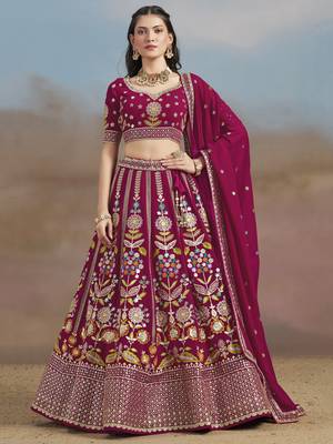 Delightful Pink Sequins Zari Dori and Multi Color Thread Embroidered georgette wedding designer indian lehenga choli 1