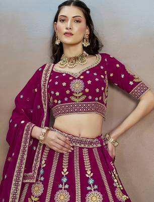 Delightful Pink Sequins Zari Dori and Multi Color Thread Embroidered georgette wedding designer indian lehenga choli 2