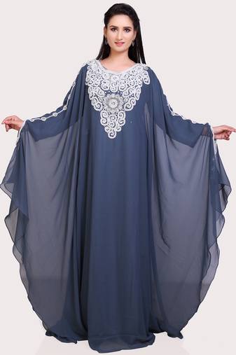 Designer Stitched Gray Georgette Kaftan Dress with Elegant White Handwork Dresses