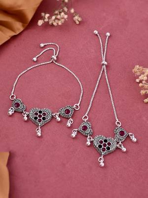 Set of 2 silver-plated cubic zirconia studded heart charms anklets 2