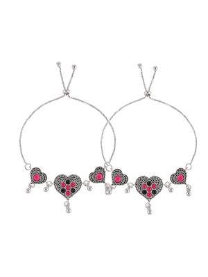 Set of 2 silver-plated cubic zirconia studded heart charms anklets 3