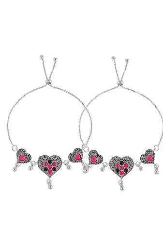 Set of 2 silver-plated cubic zirconia studded heart charms anklets