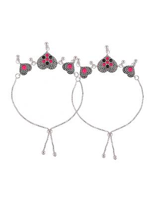 Set of 2 silver-plated cubic zirconia studded heart charms anklets 4