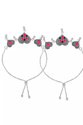 Set of 2 silver-plated cubic zirconia studded heart charms anklets