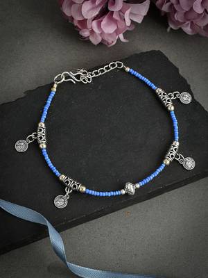 Blue silver-plated & beaded handcrafted celtic coin charm anklet 2