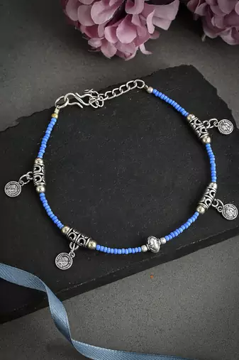 Blue silver-plated & beaded handcrafted celtic coin charm anklet