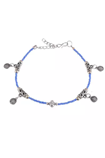 Blue silver-plated & beaded handcrafted celtic coin charm anklet