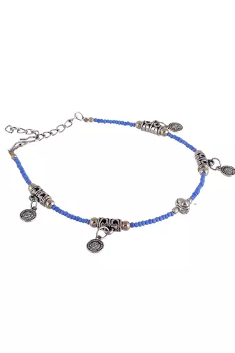 Blue silver-plated & beaded handcrafted celtic coin charm anklet
