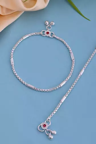 Silver-plated gemstone studded and delicate bell charm anklet