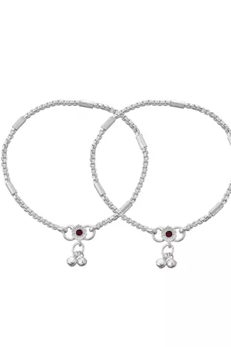 Silver-plated gemstone studded and delicate bell charm anklet