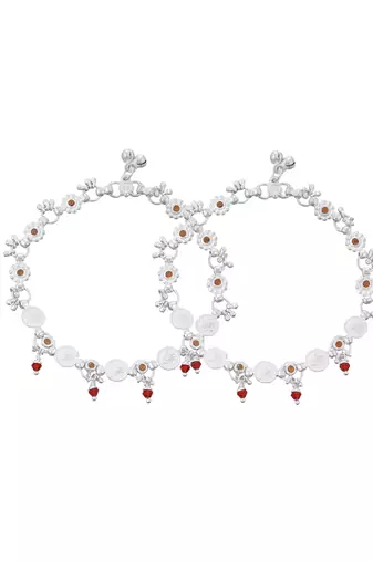 Silver-plated artificial beads beaded floral and coin charms anklet