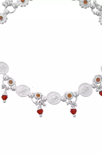 Silver-plated artificial beads beaded floral and coin charms anklet