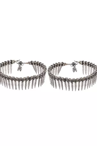 Set of 2 silver-plated oxidised beaded afghan anklets