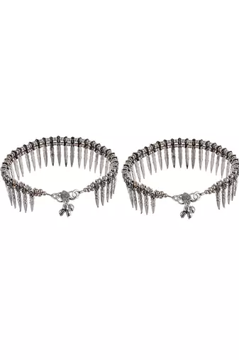 Set of 2 silver-plated oxidised beaded afghan anklets